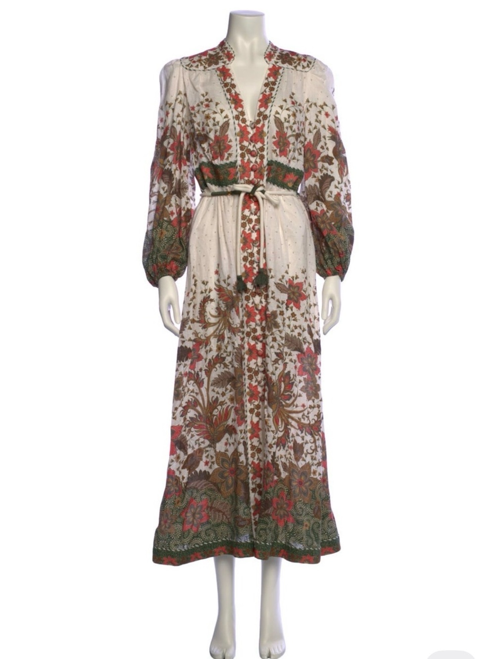 Zimmermann Floral Midi Dress in Ivory with Red & Green Print
